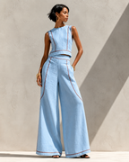 Women’s Elegant Two-Piece Set with Top and Trousers Sky Blue