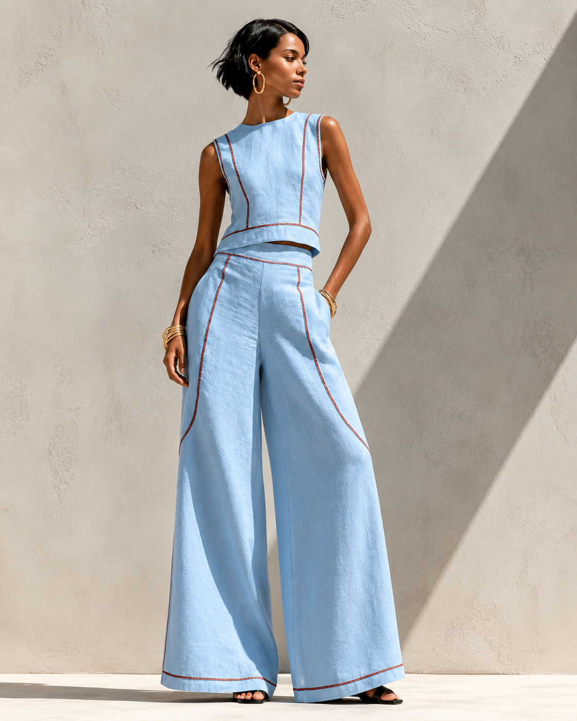 Women’s Elegant Two-Piece Set with Top and Trousers Sky Blue