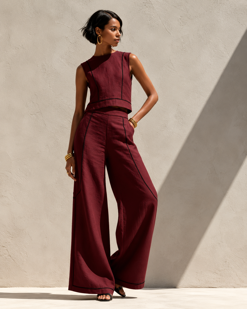 Women’s Elegant Two-Piece Set with Top and Trousers Wine Red