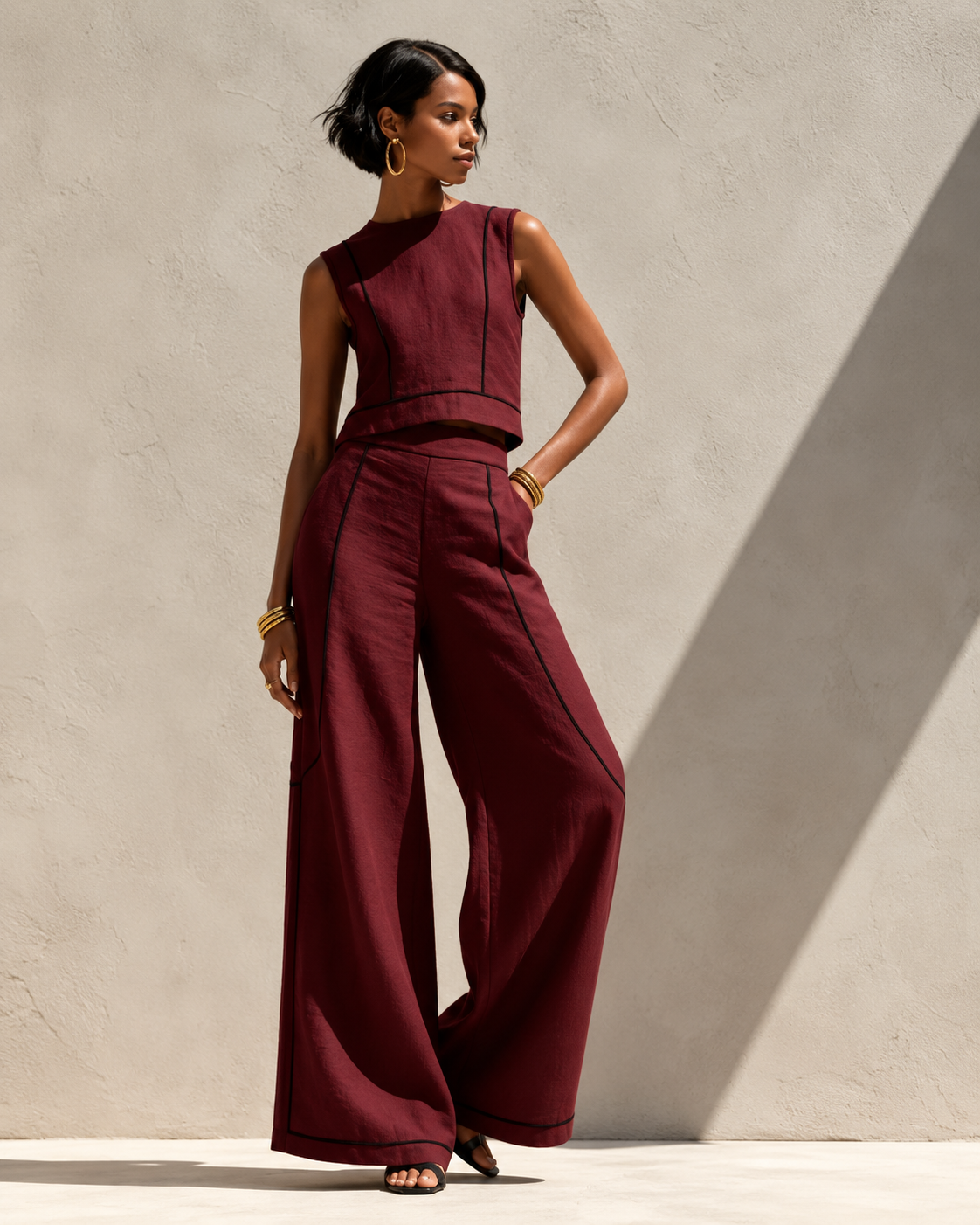 Women’s Elegant Two-Piece Set with Top and Trousers Wine Red