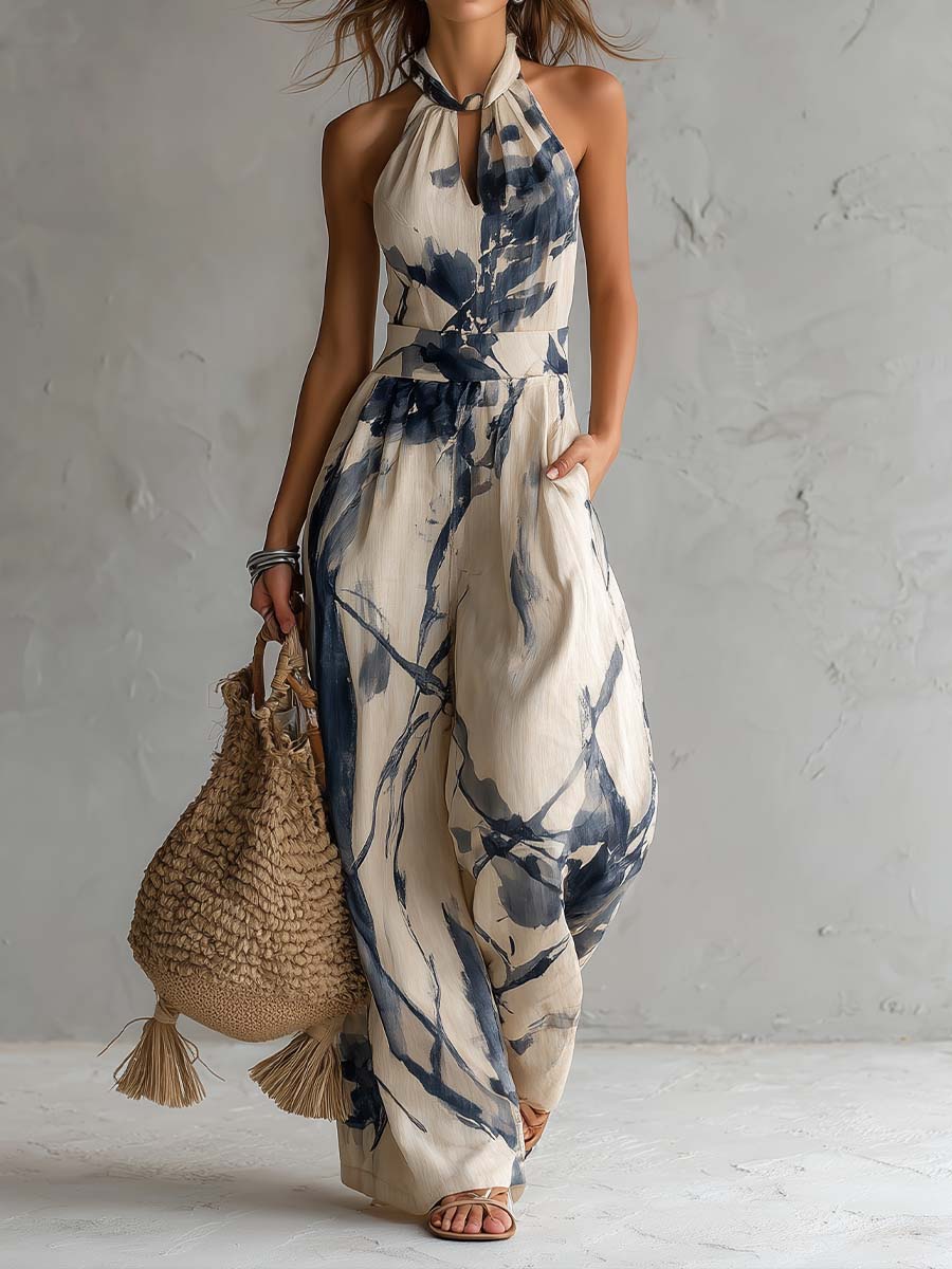 Women’s Elegant Wide-Leg Jumpsuit Navy Blue