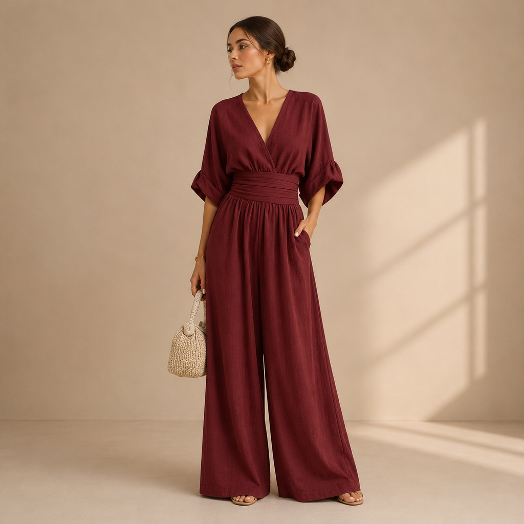 Women’s Relaxed Wide-Leg Jumpsuit Wine Red