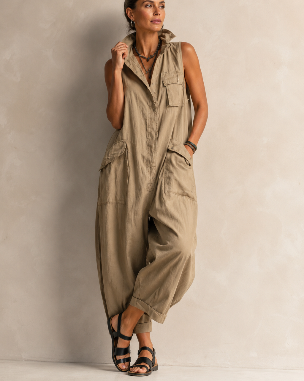 Women’s Casual Wide-Leg Jumpsuit Khaki