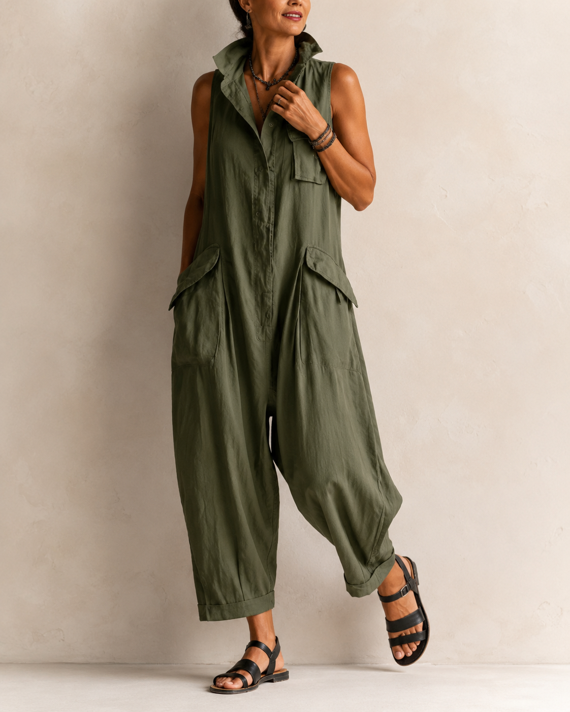 Women’s Casual Wide-Leg Jumpsuit Olive Green