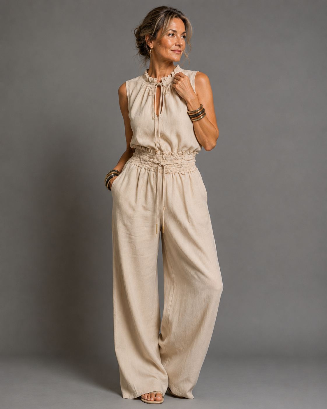 Women’s Elegant Wide-Leg Jumpsuit Apricot