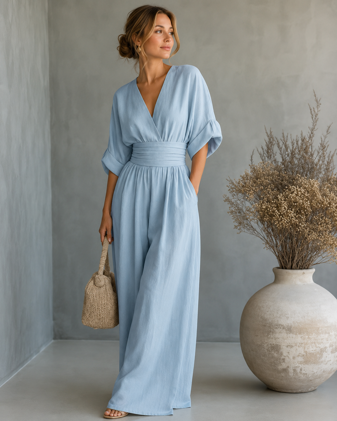 Women’s Casual Wide-Leg Jumpsuit Light Blue