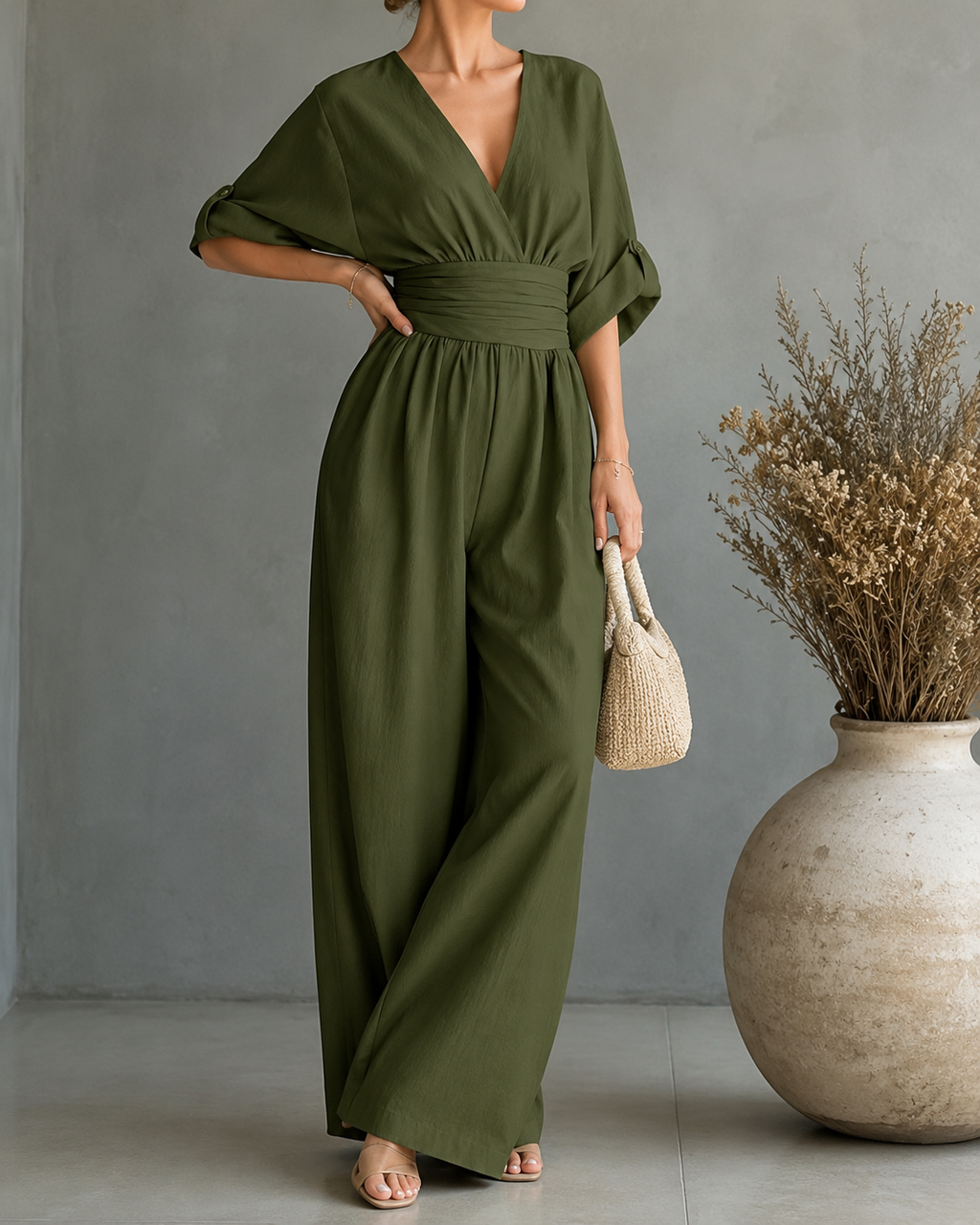 Women’s Casual Wide-Leg Jumpsuit Olive Green